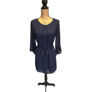 BCX navy blue bell sleeve knee length dress with belt, size small
